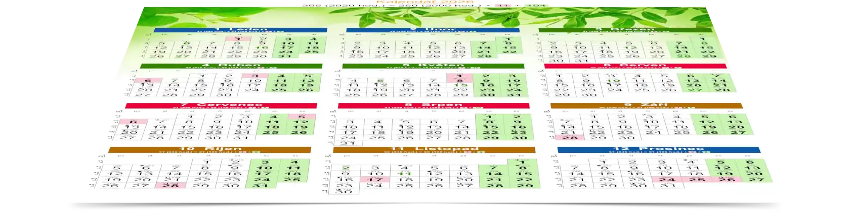 Kalendář - Roční plánovací kalendář zobrazující státní svátky, události, jmeniny, období, čísla a počty dnů a týdnů, znamení zvěrokruhu, informace o slunci a měsíci